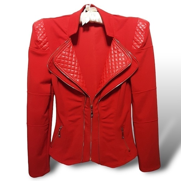 CHIC ME Y2K Dazzling Cropped Red Moto Jacket Trendy Medium Tapered Faux Leather - Picture 1 of 13